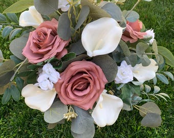 Dusty Rose Wedding Bouquet Set: Mauve Roses, Calla Lilies, Eucalyptus
