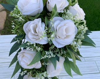 Ivory Rose Bridal Bouquet: Cascading Eucalyptus Wedding Flowers