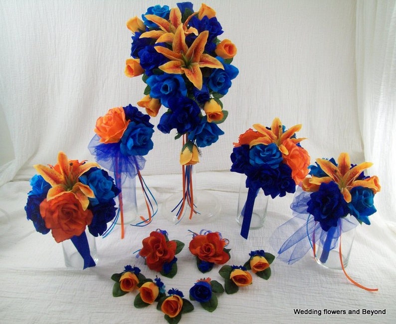 Royal Blue Malibu Blue And Orange Bridal Bouquets Roses And Etsy