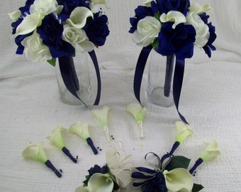 Navy Blue & Ivory Rose Bouquet Set – Silk Wedding Flowers