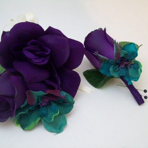 Purple and Teal Silk Wedding, Prom Flowers Corsages and Boutonnieres  2 Piece Set by Van Caron Collection