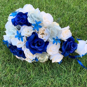 Royal Blue and Silver Bridal Bouquet Blue Cascade Wedding Flower Bouquet Blue Bridesmaid Bouquet  Artificial Bouquet Corsage Boutonniere