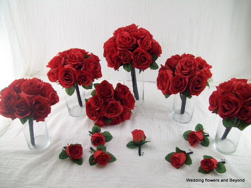 Rose cascade Bridal Bouquet & Wedding Pkg Red Black White Roses or Your Colors Rose cascade Bridal Bouquet & Wedding Pkg Red Black White Roses or Your Colors