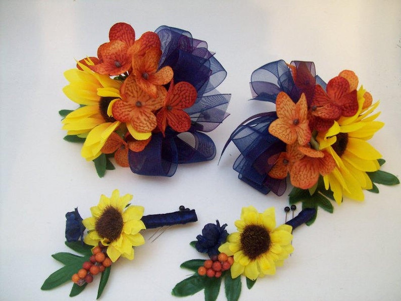 Sunflower Corsages and Boutonnieres Navy Blue and Yellow Silk Fall Wedding Flowers Rustic Fall Wedding Made To Order by Van Caron Collection