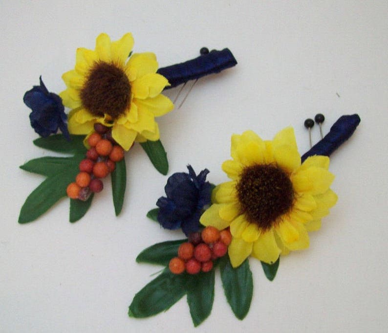 Sunflower Corsages and Boutonnieres Navy Blue and Yellow Silk Fall Wedding Flowers Rustic Fall Wedding Made To Order by Van Caron Collection