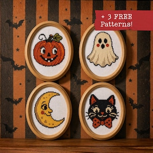 May include: Four oval wooden frames containing cross-stitch art featuring a jack-o'-lantern, a ghost, a crescent moon, and a black cat with a bow tie. A red banner in the upper right corner displays the text + 3 FREE Patterns!.