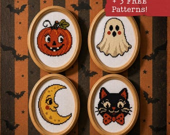 Zestaw wzorów do haftu krzyżykowego na Halloween, 4 miniaturowe wzory na Halloween, Vintage Cat Ghost Pumpkin Moon, mały haft krzyżykowy dla początkujących