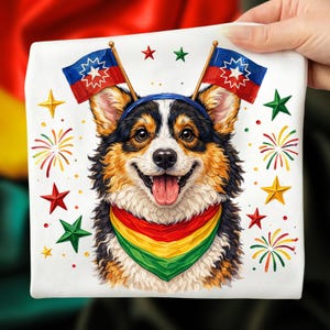 Puede incluir: Un cuadrado blanco con una ilustración de un corgi sonriente. El corgi lleva una diadema azul y una bufanda con rayas rojas, amarillas y verdes. Tiene banderas en la cabeza y está rodeado de estrellas y fuegos artificiales. El corgi tiene pelo negro, marrón y blanco.