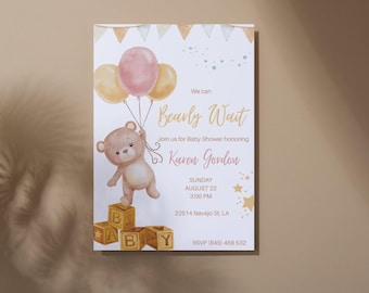 Inbjudan till babyshower, redigerbar mall för babyshowerinbjudan, utskrivbar, babyshowerinbjudan för pojkar och flickor, Canvas, nallebjörn