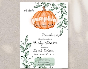 Pumpkin Baby Shower Invitation: Fall Autumn Theme, Editable Template (Printable)