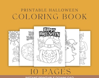 May include: A stack of Halloween-themed coloring book pages with black and white illustrations. The pages feature a spiderweb, pumpkin, ghost, and other spooky designs. The text reads "Printable Halloween Coloring Book" and "10 Pages".
