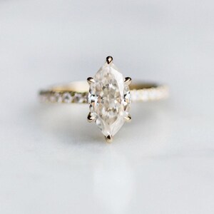 Marquise Cut Moissanite Engagement Ring, Yellow Gold Solitaire with Pave Band, Elegant Modern Bridal Ring for Women, Marquise Solitaire ring