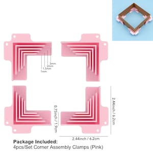 May include: Pink corner assembly clamps, 2.44 inches (6.2 cm) in length, with a series of stepped grooves. The set includes four clamps, designed for precise corner alignment. The image also shows measurements of 0.75 inches (1.9 cm), 1mm, 1.5mm, 2mm, and 3mm.