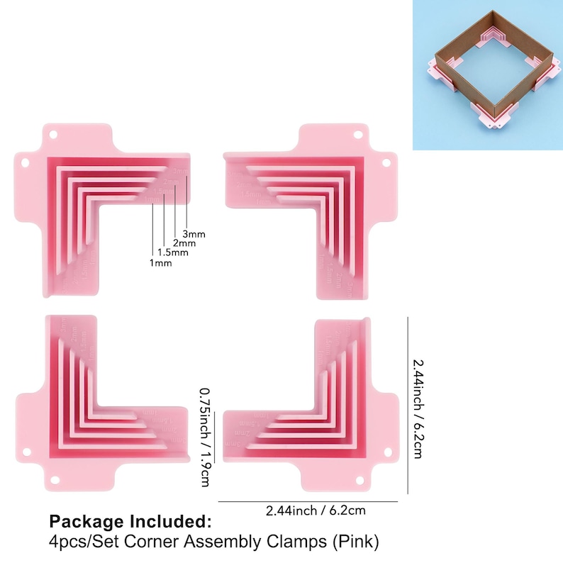 May include: Pink corner assembly clamps, 2.44 inches (6.2 cm) in length, with a series of stepped grooves. The set includes four clamps, designed for precise corner alignment. The image also shows measurements of 0.75 inches (1.9 cm), 1mm, 1.5mm, 2mm, and 3mm.