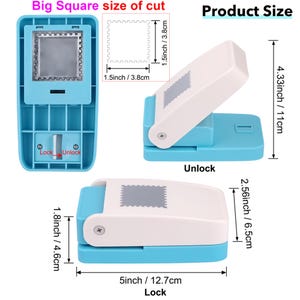 May include: A blue and white square paper punch with measurements in inches. The punch has a square cutting size of 1.5 inches by 1.5 inches. The product size is 5 inches long, 4.33 inches high, and 1.8 inches wide.