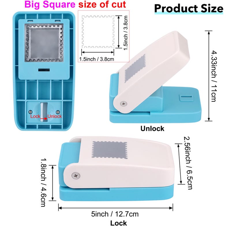 May include: A blue and white square paper punch with measurements in inches. The punch has a square cutting size of 1.5 inches by 1.5 inches. The product size is 5 inches long, 4.33 inches high, and 1.8 inches wide.