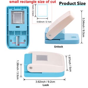 May include: A blue and white craft punch with a stamp-shaped cutting area. The punch has a locking mechanism and measurements in inches and centimeters. The cutting area is 0.82 inches by 1 inch (2.1cm x 2.5cm).