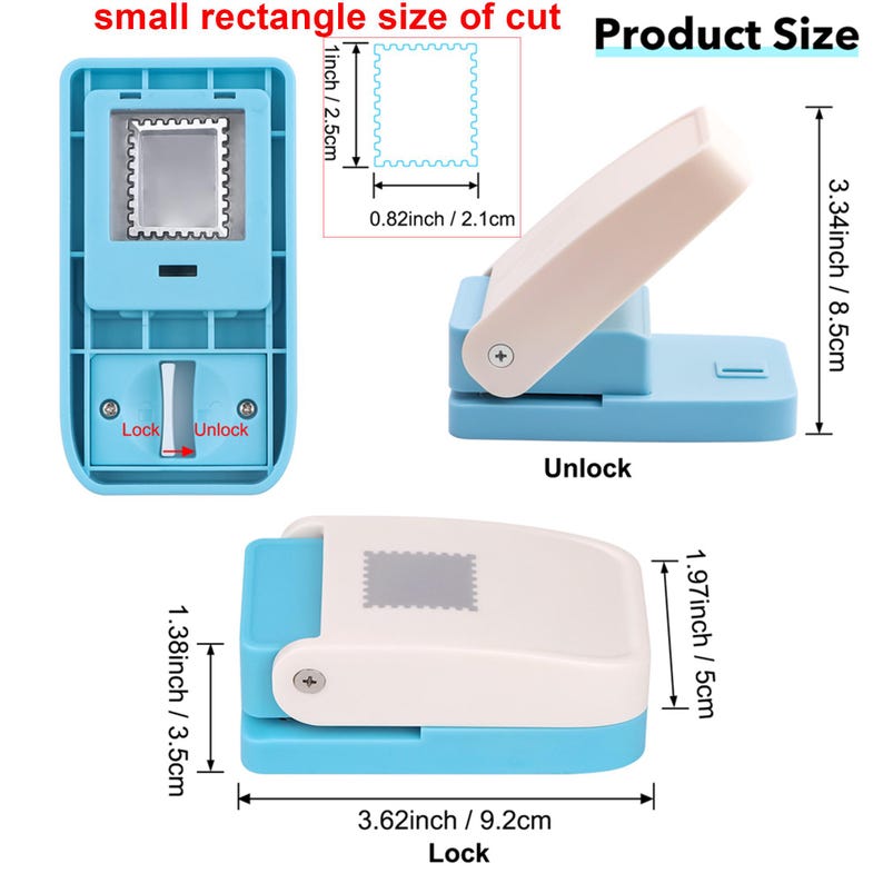 May include: A blue and white craft punch with a stamp-shaped cutting area. The punch has a locking mechanism and measurements in inches and centimeters. The cutting area is 0.82 inches by 1 inch (2.1cm x 2.5cm).