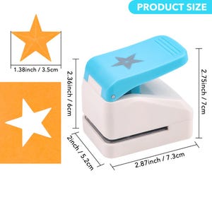 May include: A star-shaped paper punch with a light blue handle and a white base. The punch creates a star shape, and the dimensions are shown in inches. The product size is indicated in the image.