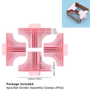 May include: Four pink divider assembly clamps with red accent lines, each measuring 3.46 inches (8.8 cm) wide. The clamps have measurements of 3mm, 2mm, 1.5mm, and 1mm. The image also shows a cardboard box with pink dividers.