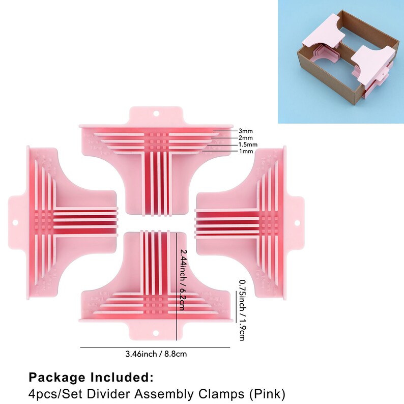 May include: Four pink divider assembly clamps with red accent lines, each measuring 3.46 inches (8.8 cm) wide. The clamps have measurements of 3mm, 2mm, 1.5mm, and 1mm. The image also shows a cardboard box with pink dividers.