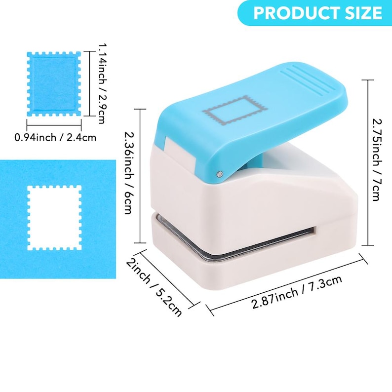 May include: A blue and white stamp-shaped paper punch with measurements in inches and centimeters. The punch has a blue handle and a white base. The image also shows a punched-out stamp shape and a blue square.