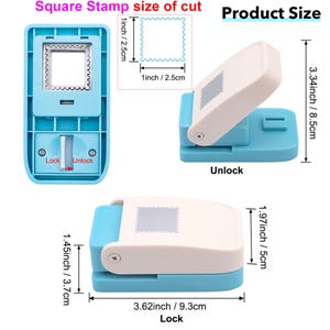 May include: A light blue and white square stamp punch with measurements in inches and centimeters. The punch has a square cutting area of 1 inch (2.5 cm) and is labeled "Lock" and "Unlock". The product size is 3.62 inches (9.3 cm) long.