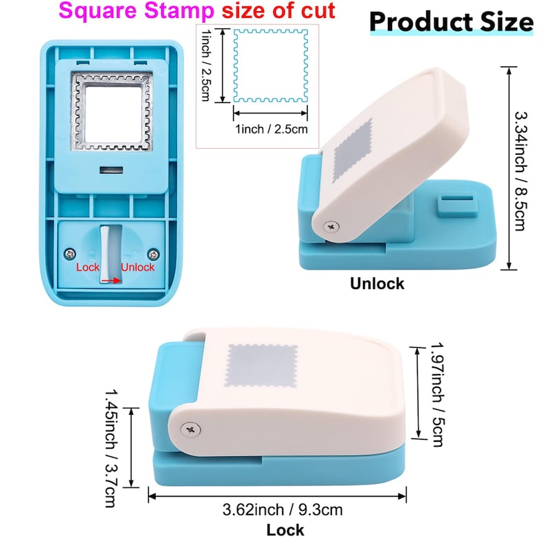 May include: A light blue and white square stamp punch with measurements in inches and centimeters. The punch has a square cutting area of 1 inch (2.5 cm) and is labeled "Lock" and "Unlock". The product size is 3.62 inches (9.3 cm) long.