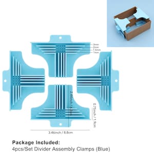 May include: Four light blue divider assembly clamps, each with a T-shape design and multiple slots. Measurements are provided in inches and centimeters. The package includes four clamps. The text on the image indicates the clamp sizes.