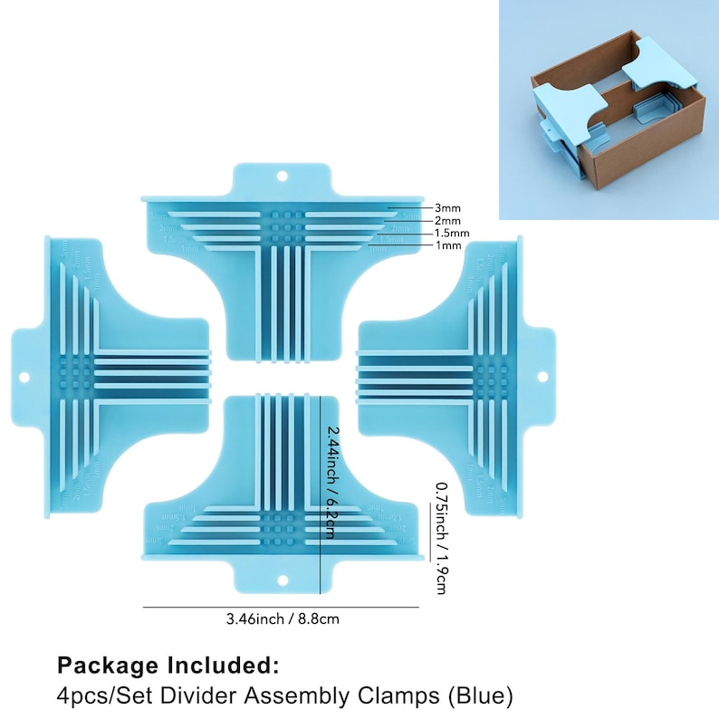 May include: Four light blue divider assembly clamps, each with a T-shape design and multiple slots. Measurements are provided in inches and centimeters. The package includes four clamps. The text on the image indicates the clamp sizes.