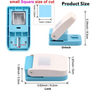 May include: A blue and white paper punch with measurements in inches. The image shows the punch from multiple angles, including a top-down view and side views. The text "small Square size of cut" and "Product Size" are visible.