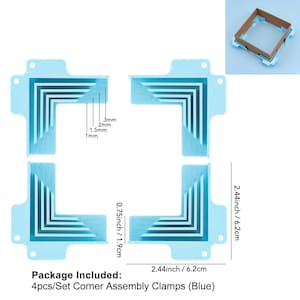 May include: Four light blue corner assembly clamps with measurements in inches and centimeters. Each clamp has a right angle design with grooves for different thicknesses. The text "Package Included: 4pcs/Set Corner Assembly Clamps (Blue)" is visible.