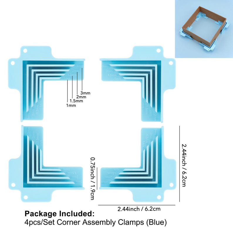 May include: Four light blue corner assembly clamps with measurements in inches and centimeters. Each clamp has a right angle design with grooves for different thicknesses. The text "Package Included: 4pcs/Set Corner Assembly Clamps (Blue)" is visible.