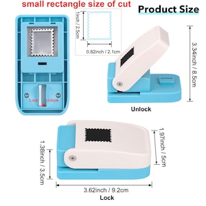 May include: A blue and white stamp-shaped paper punch with measurements in inches and centimeters. The punch has a rectangular cutting area and a locking mechanism. The text "small rectangle size of cut" and "Product Size" are visible.