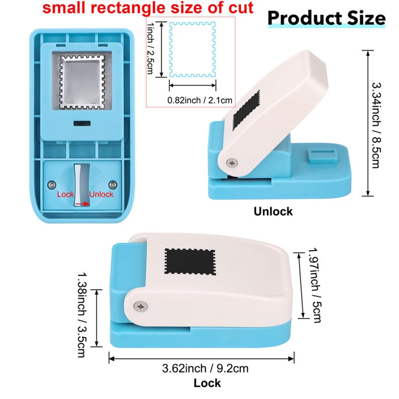 May include: A blue and white stamp-shaped paper punch with measurements in inches and centimeters. The punch has a rectangular cutting area and a locking mechanism. The text "small rectangle size of cut" and "Product Size" are visible.