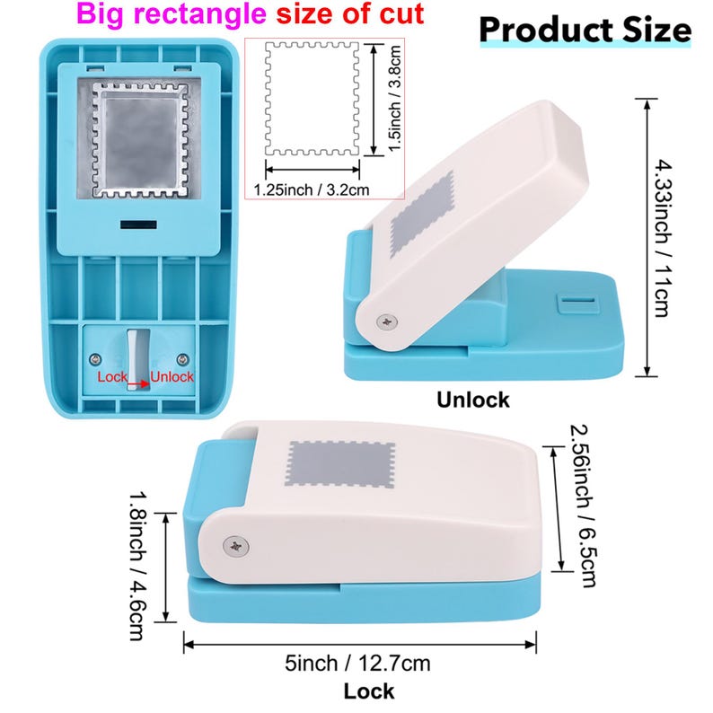 May include: A blue and white rectangle paper punch with measurements. The punch has a rectangular cutting area of 1.25 inches by 1.5 inches. The product is 5 inches long, 4.33 inches high, and 2.56 inches wide. The text "Lock" and "Unlock" are visible.