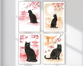 May include: A set of four rectangular wall art prints featuring black cats in various poses. Each print displays Japanese-inspired architecture, including pagodas and torii gates, accented with pink cherry blossom branches against soft backgrounds.