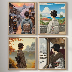 以下が含まれることがあります： 伝統的な日本の衣装を着た女性を描いた、額装された4つのアートプリント。各プリントは、着物を着た女性を、さまざまな風景の中で描いています。通り、海岸の景色、紅葉、雪景色のある列車の窓など。