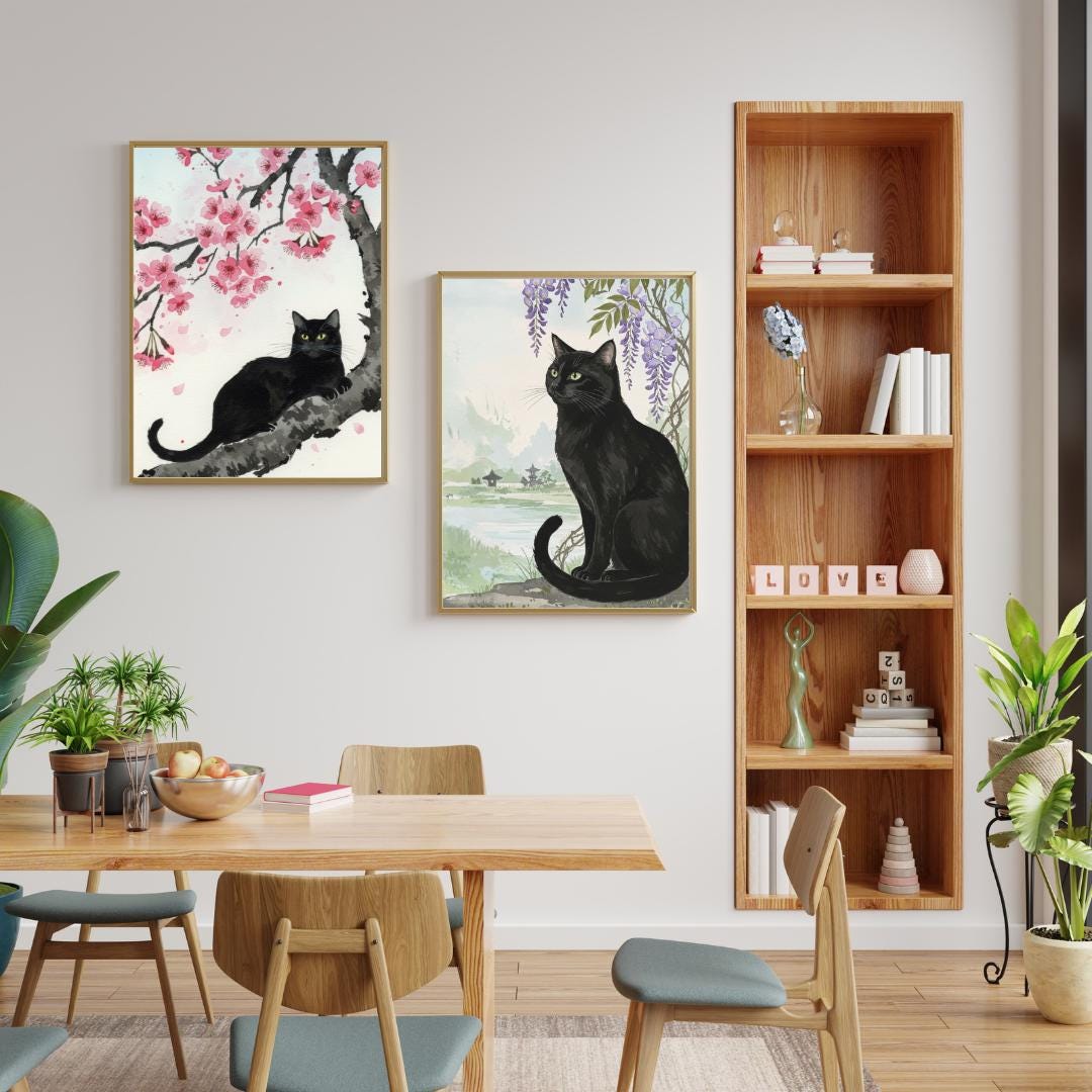 Japanese Black Cat Wall Art Set of 2, Sakura & Wisteria Printable ...
