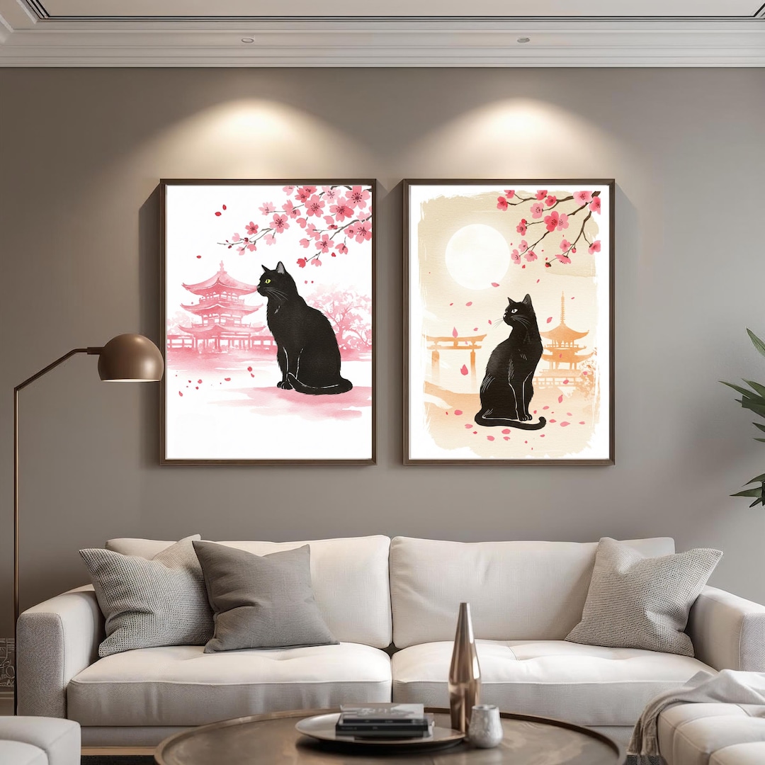 Japanese Black Cat Wall Art Set of 2 – Night Sakura With Full Moon ...