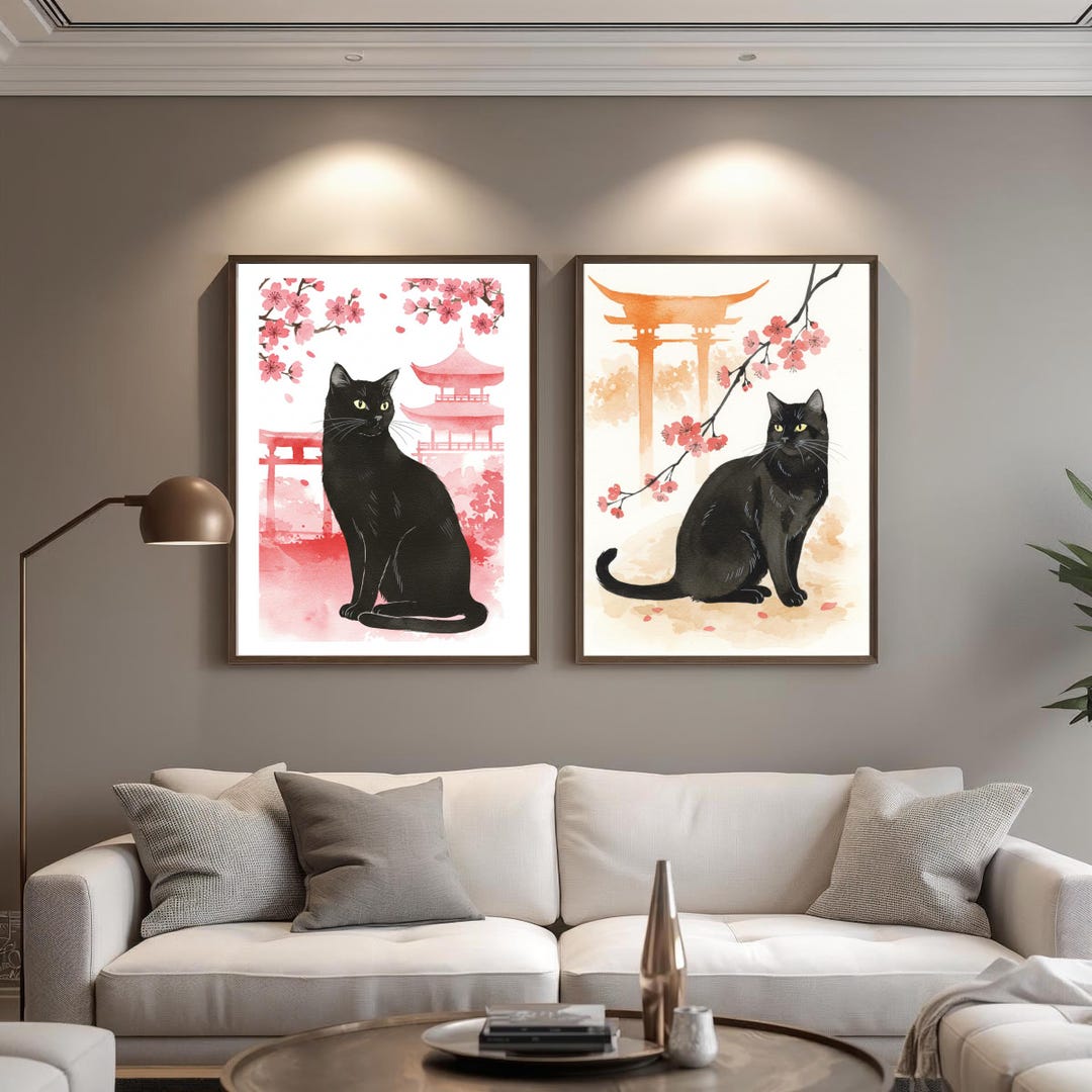 Japanese Black Cat Wall Art Set of 2 – Sakura With Torii Gate & Temple ...