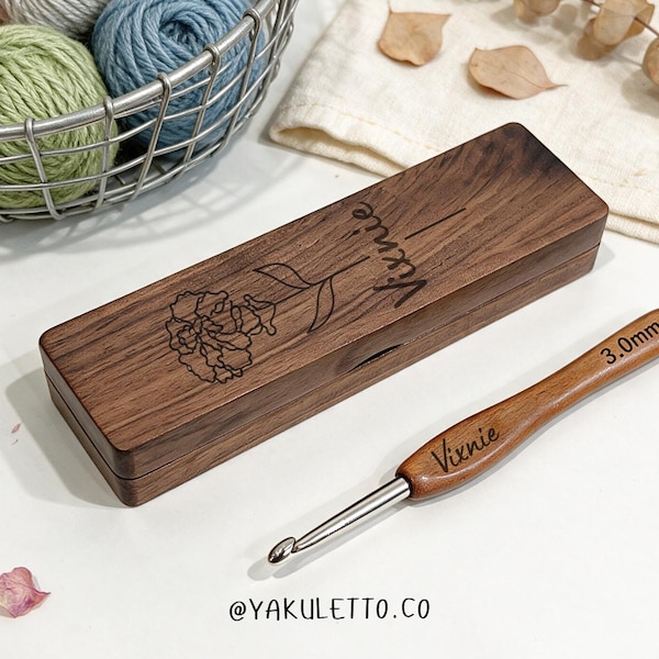 Ganchillo personalizado / Juego de ganchillos con forma de flor de nacimiento con caja de nogal / Regalo de ganchillo para ella / Regalo para tejedores / Regalo de cumpleaños
