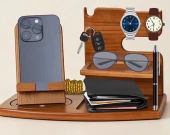 Gepersonaliseerde houten dockingstation | Gegraveerde bureauopberger | Houten telefoonstandaard | Cadeaus voor mannen | Vaderdagcadeau voor vader en man