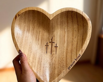 Wooden Heart Prayer Bowl | Handmade Meditation Bowl | Spiritual Altar Offering Bowl | Christian Gifts | Cross Religious Gifts | Gift for Dad