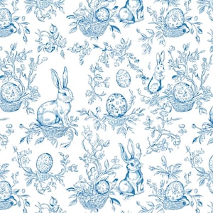 Peut inclure: Motif répétitif avec des illustrations bleues sur fond blanc. Le motif comprend des lapins de Pâques, des œufs décorés, des compositions florales et des paniers en osier. Le style rappelle les motifs de toile classiques.
