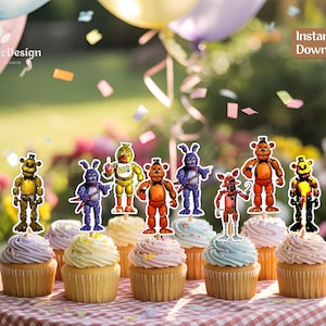 May include: Cupcakes with character toppers on a red and white checked tablecloth, with balloons and confetti in the background. The cupcakes have different coloured frosting. The image includes the text "Instant Download".