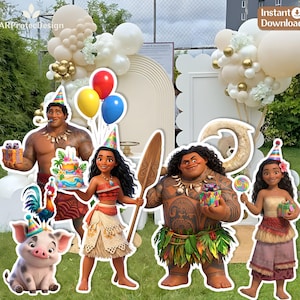 May include: A collection of Moana-themed party decorations featuring cutouts of Maui, Moana, Pua the pig, and Heihei the rooster. The characters are depicted with birthday party accessories like colourful balloons, party hats, gifts, and a cake.