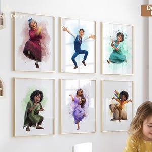 May include: Six framed art prints featuring watercolor illustrations of animated characters. The prints are in gold frames and are displayed on a white wall. A young girl is drawing at a table in the foreground. Text on the image says "Download Full Set" and "Instant Download".