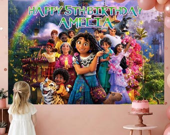 May include: A colorful birthday backdrop featuring characters from a popular animated movie, with the text "HAPPY 5TH BIRTHDAY AMELIA" in green and blue. The scene includes a rainbow, flowers, and a variety of animated figures. A young girl in a white dress stands in front of the backdrop.