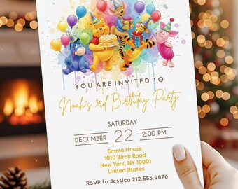 Winnie the Pooh Watercolor Birthday Invitation, Personalized Kids Party Card Printable Digital Template